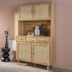 sweeek Credenza decorazione in legno e cannage 4 ante e 3 cassetti, 110cm