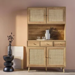 sweeek Credenza decorazione in legno e cannage 4 ante e 3 cassetti, 110cm