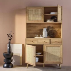 sweeek Credenza decorazione in legno e cannage 4 ante e 3 cassetti, 110cm