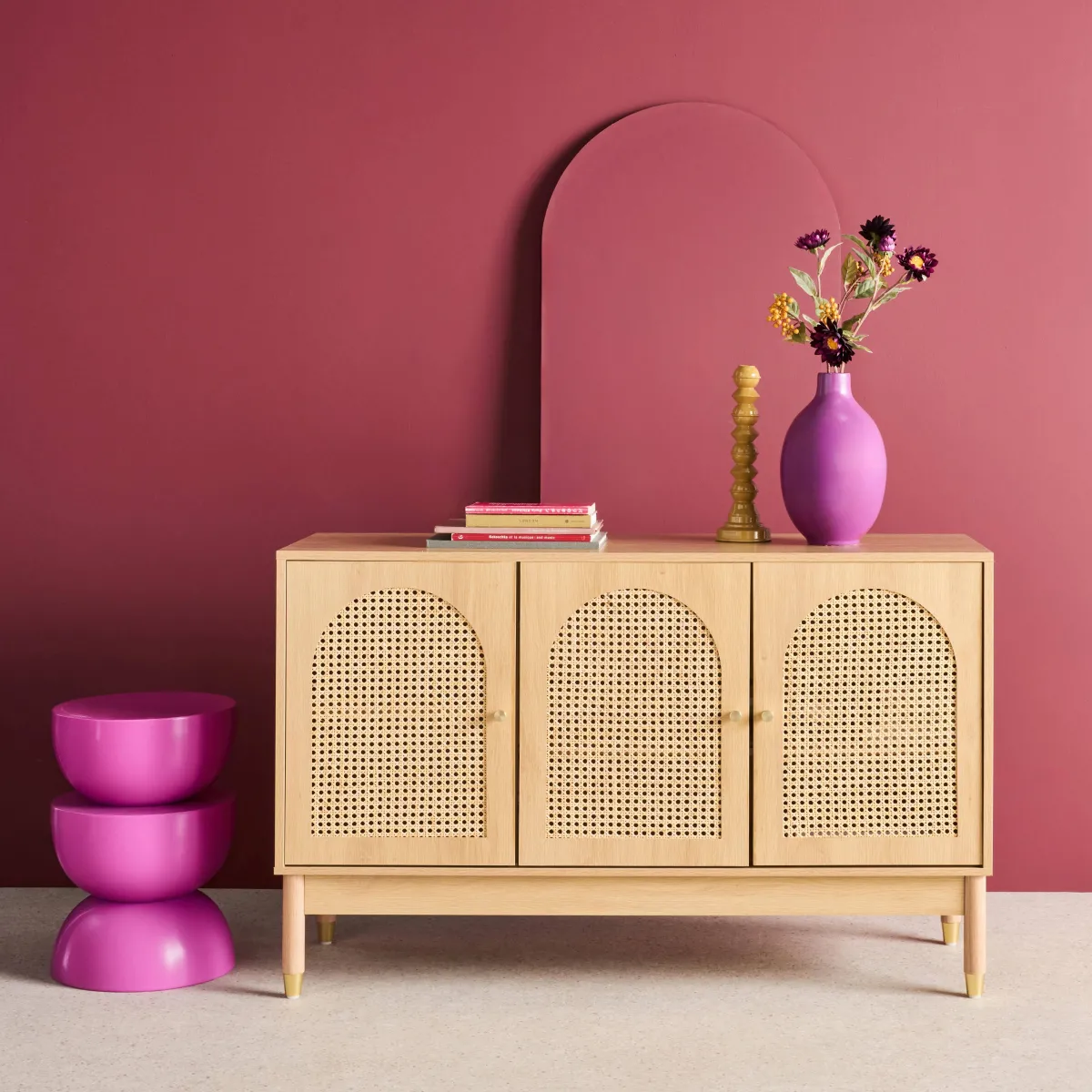 sweeek Credenza decorazione legno e canna 3 ante 120cm