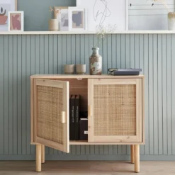 sweeek Credenza effetto canna e legno a 2 ante, 80cm
