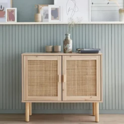 sweeek Credenza effetto canna e legno a 2 ante, 80cm
