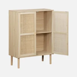 sweeek Credenza effetto canna e legno a 2 ante, 80cm