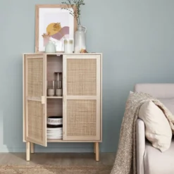 sweeek Credenza effetto canna e legno a 2 ante, 80cm
