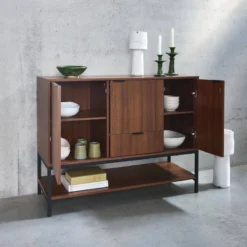 sweeek Credenza effetto legno tinto noce e metallo a 3 ante, 110cm