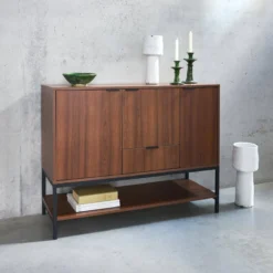 sweeek Credenza effetto legno tinto noce e metallo a 3 ante, 110cm