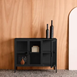 Credenza industriale in metallo e vetro temperato 3 ante, 100cm