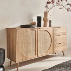 sweeek Credenza in legno e canna a 2 ante e 3 cassetti, 150cm