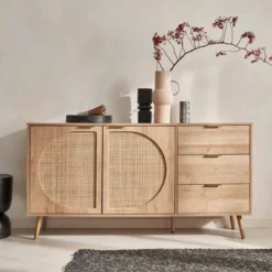 sweeek Credenza in legno e canna a 2 ante e 3 cassetti, 150cm