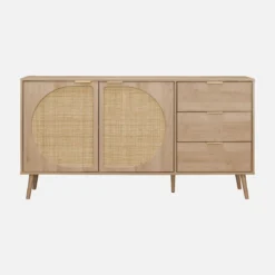 sweeek Credenza in legno e canna a 2 ante e 3 cassetti, 150cm