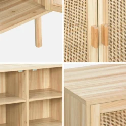 sweeek Credenza in vimini ed effetto legno a 3 ante, 120cm