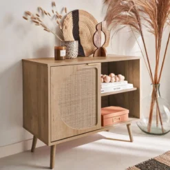 sweeek Credenza scandinava con decoro, legno arrotondato, 80cm