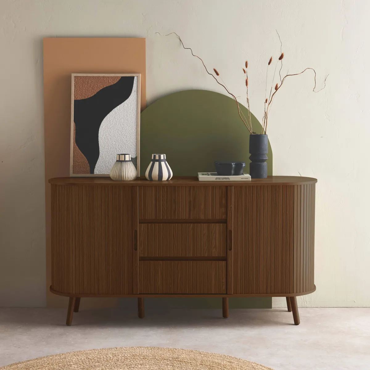 sweeek Credenza scandinava effetto legno scanalato 2 ante scorrevoli, 150cm