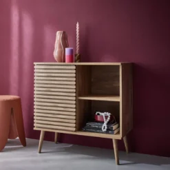 Credenza scandinava effetto legno e anta scorrevole scanalata, 80cm