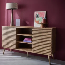 sweeek Credenza scandinava in legno con 2 ante scorrevoli scanalate, 140cm