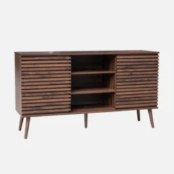 Credenza scandinava in legno con 2 ante scorrevoli scanalate, 140cm