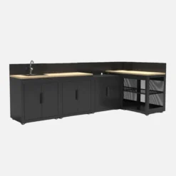 sweeek Cucina da esterno 5 moduli acciaio e decorazione in legno