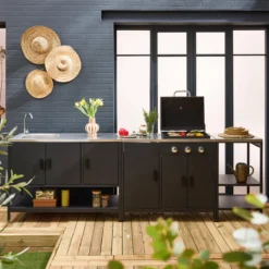 sweeek Cucina da esterno 3 moduli con barbecue a gas 3 bruciatori su piedi, termometro