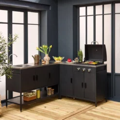 sweeek Cucina da esterno 3 moduli con barbecue a gas 3 bruciatori su piedi, termometro