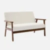 sweeek Divano in tessuto bouclé con gambe in legno tinto noce chiaro, 2 posti