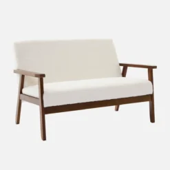 sweeek Divano in tessuto bouclé con gambe in legno tinto noce chiaro, 2 posti
