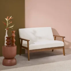 sweeek Divano in tessuto bouclé con gambe in legno tinto noce chiaro, 2 posti