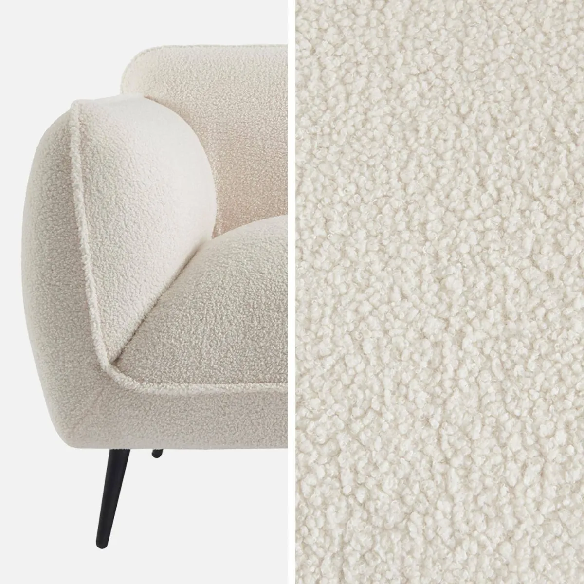 sweeek Divano in tessuto bouclé crema con gambe in metallo, 3 posti