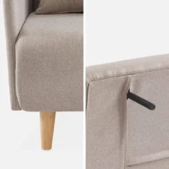 Divano letto clic-clac in tessuto con gambe in legno, 2 posti