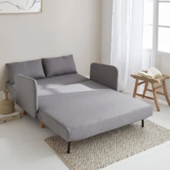 Divano letto clic-clac in tessuto con gambe in legno, 2 posti