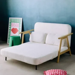 sweeek Divano letto convertibile in legno di hevea e bouclé testurizzato, 2 posti