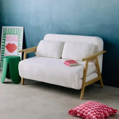 sweeek Divano letto convertibile in legno di hevea e bouclé testurizzato, 2 posti