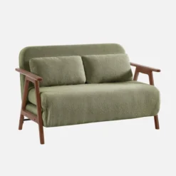 sweeek Divano letto convertibile 2 posti in legno di hevea tinto noce chiaro e tessuto bouclé