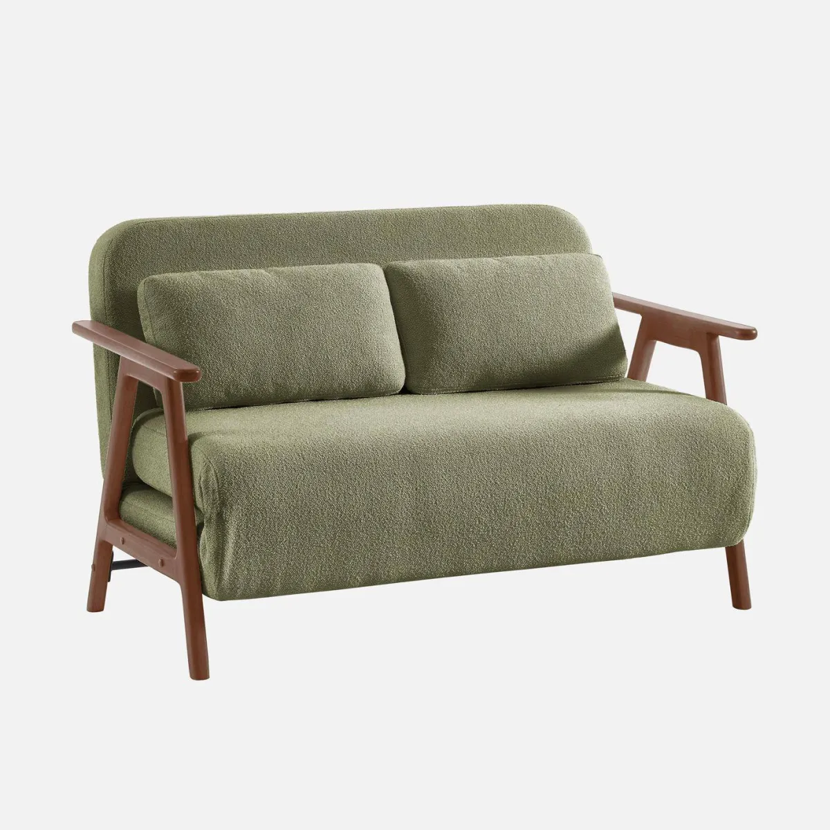 sweeek Divano letto convertibile 2 posti in legno di hevea tinto noce chiaro e tessuto bouclé