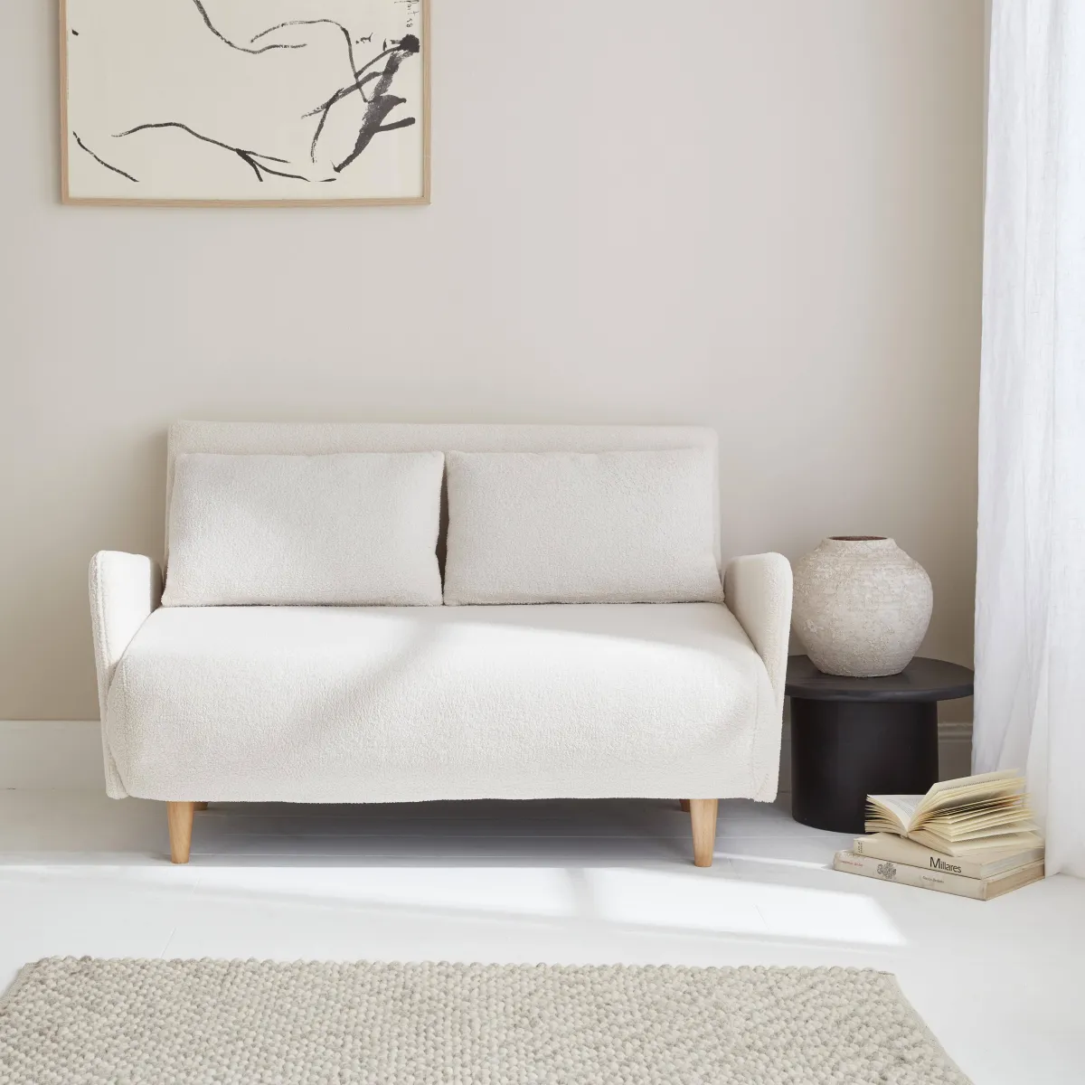 sweeek Divano letto in bouclé con gambe in legno, 2 posti