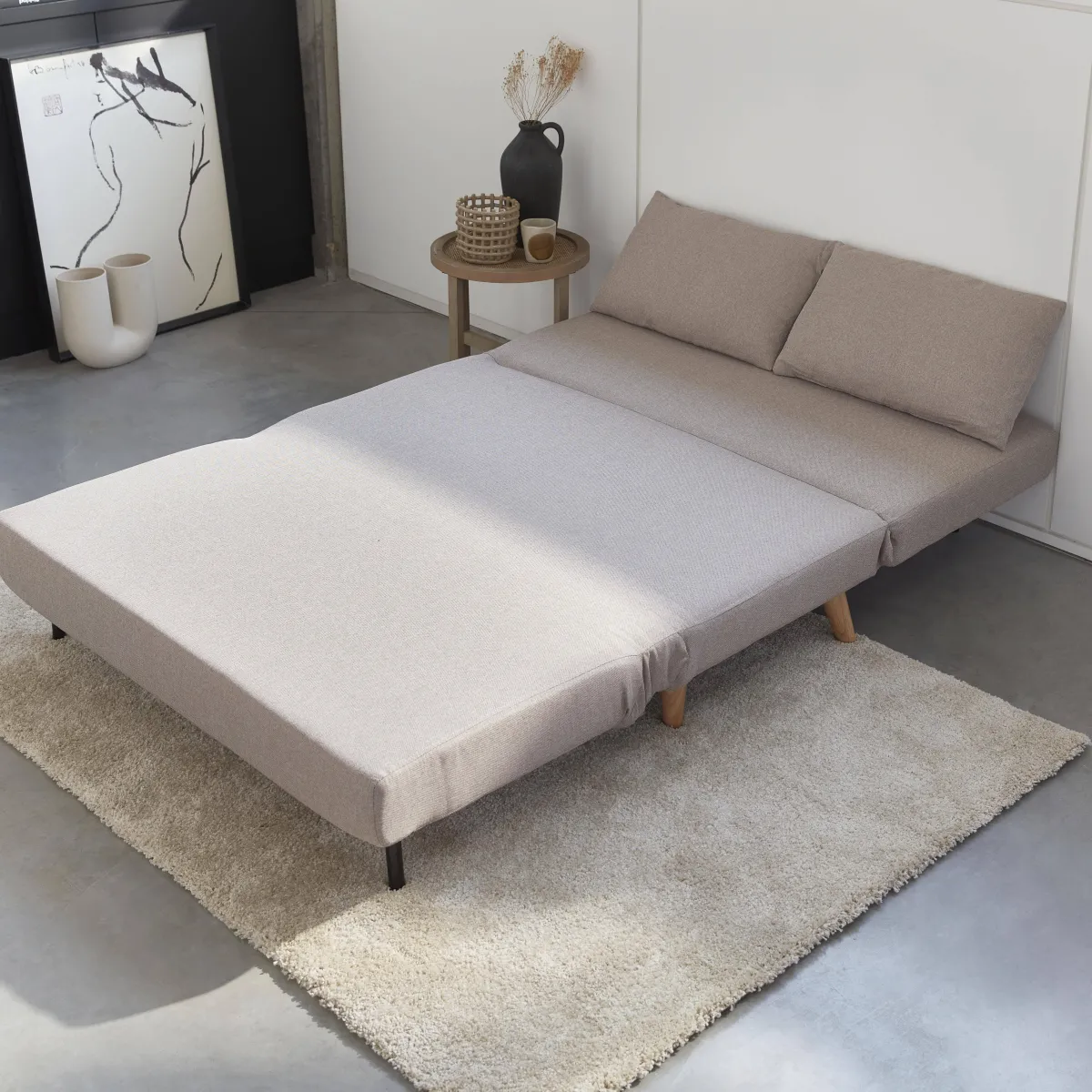 sweeek Divano letto in tessuto con gambe in legno, 2 posti
