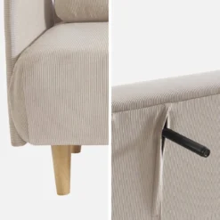 Divano letto in velluto a coste con gambe in legno, 2 posti