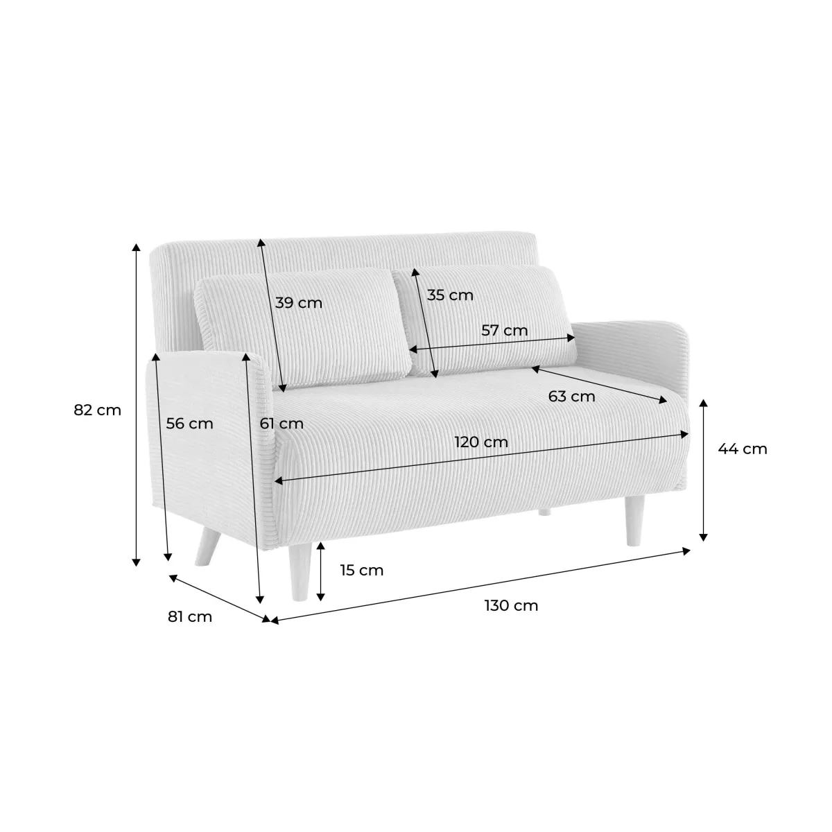 sweeek Divano letto in velluto a coste con gambe in legno, 2 posti