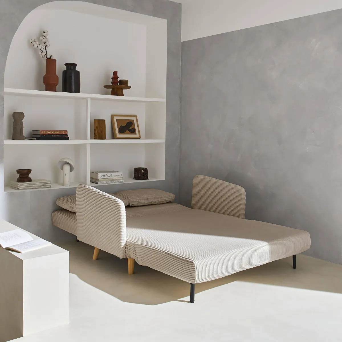 sweeek Divano letto in velluto a coste con gambe in legno, 2 posti