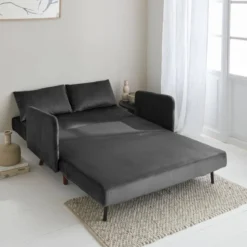 Divano letto in velluto con gambe in legno, 2 posti