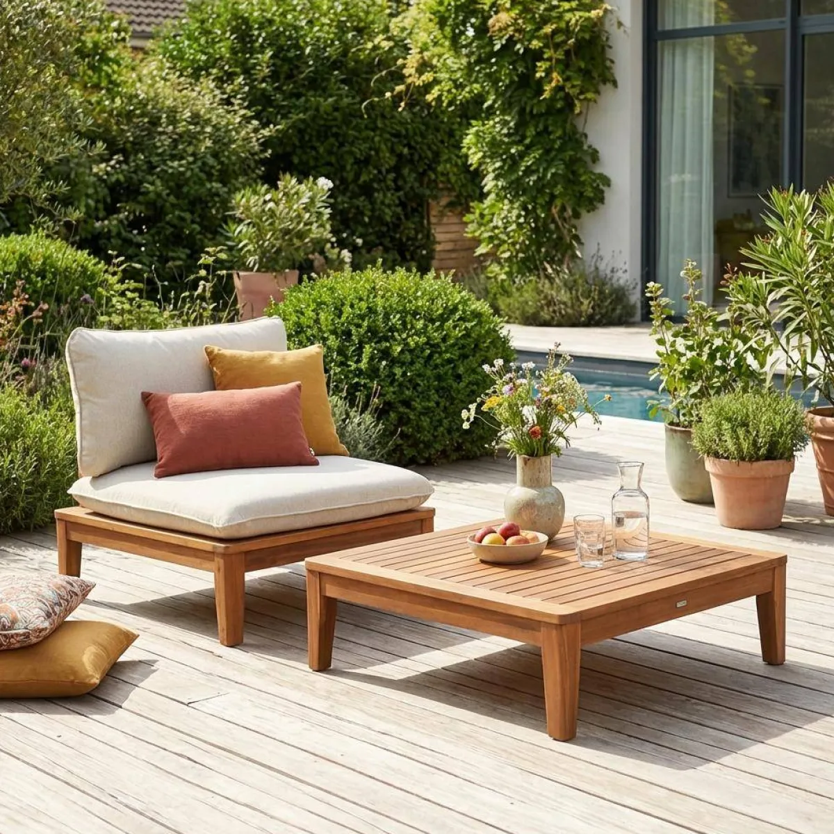 sweeek Divano modulare da giardino con tavolino in legno di acacia e bouclé, 1 posto
