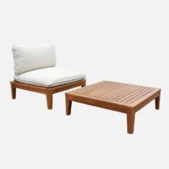 sweeek Divano modulare da giardino con tavolino in legno di acacia e bouclé, 1 posto