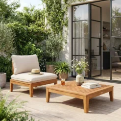 sweeek Divano modulare da giardino con tavolino in legno di acacia, 1 posto
