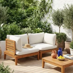 sweeek Divano modulare da giardino in legno di acacia e bouclé, 2 posti