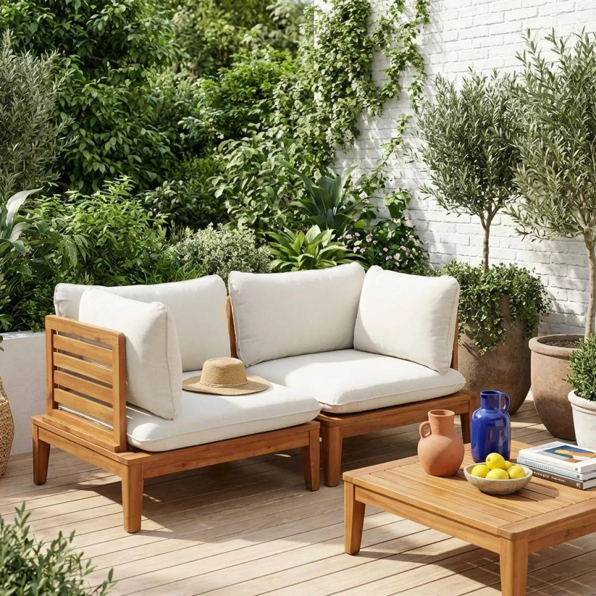 sweeek Divano modulare da giardino in legno di acacia e bouclé, 2 posti