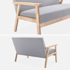Divano stile scandinavo in legno e tessuto, 2 posti