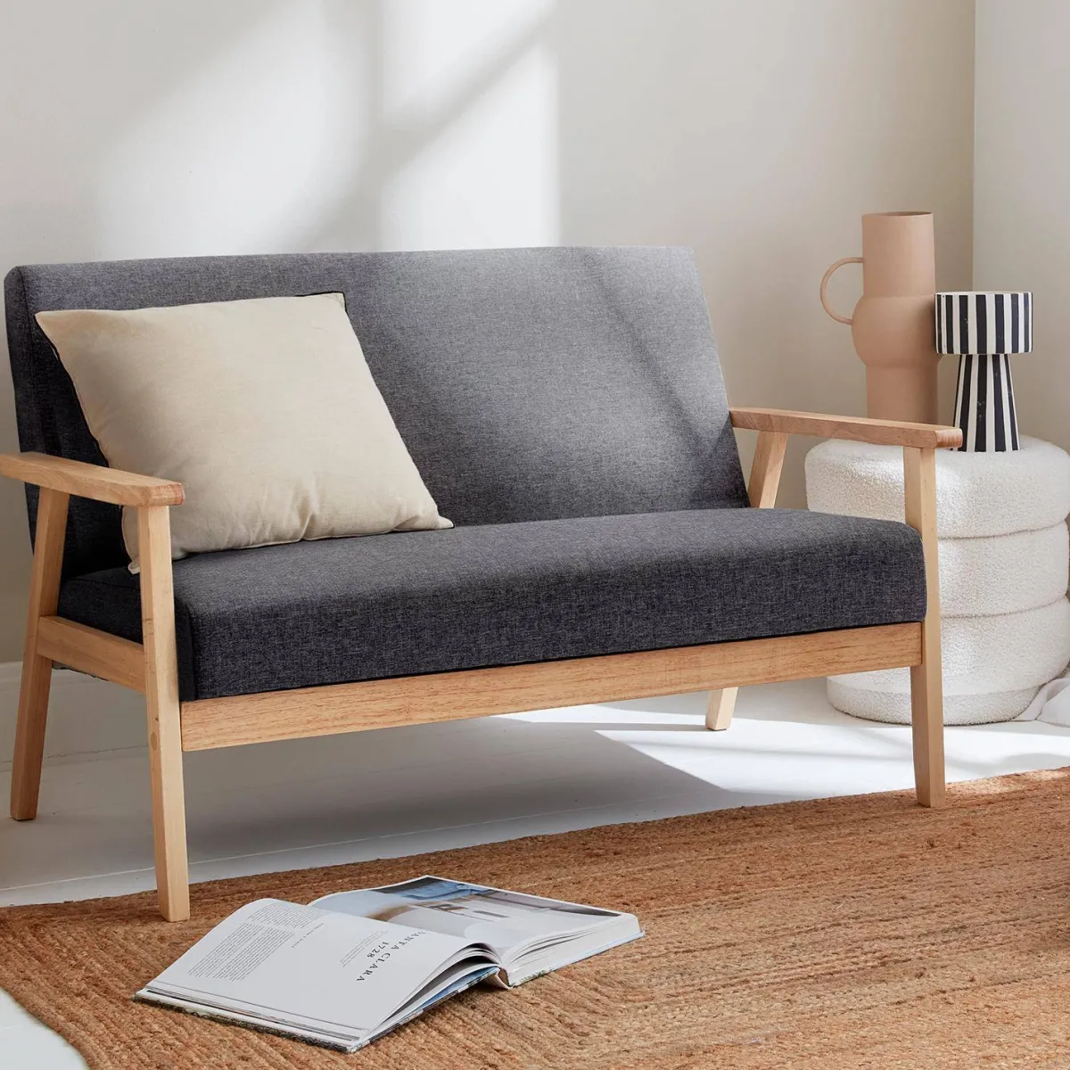sweeek Divano stile scandinavo in legno e tessuto, 2 posti