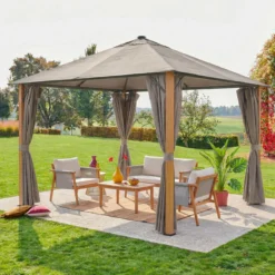 sweeek Gazebo da giardino 3x3m in alluminio effetto legno con tende e LED