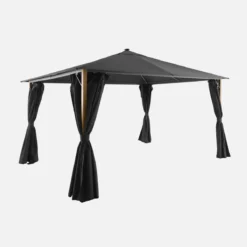 sweeek Gazebo da giardino 3x4m in alluminio effetto legno con tende e LED