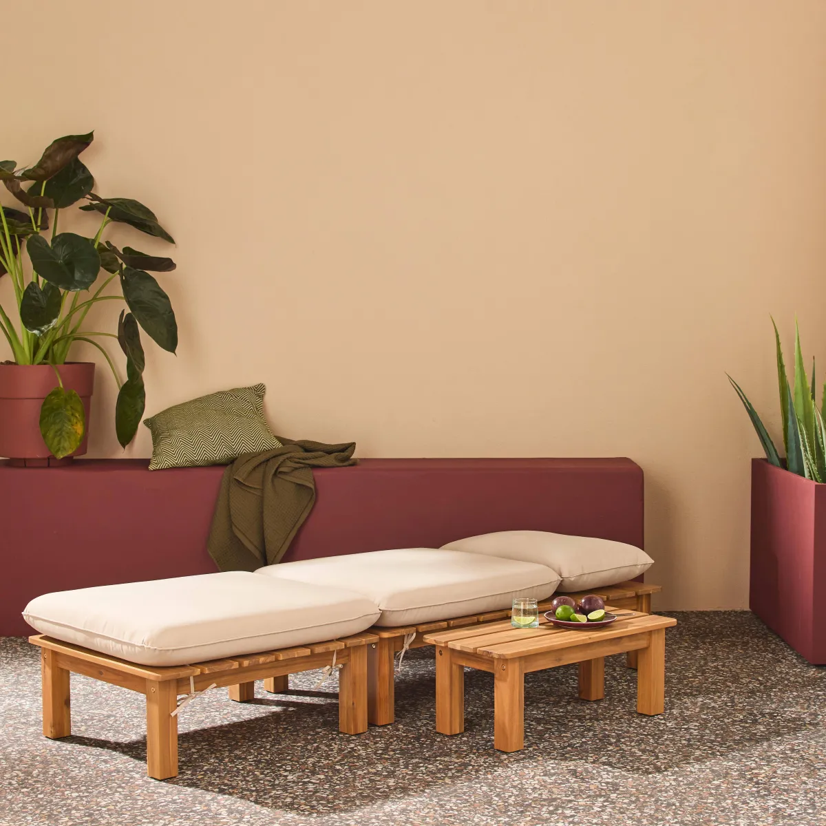 sweeek Lettino prendisole modulare in legno multiposizione con tavolino