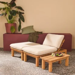 sweeek Lettino prendisole modulare in legno multiposizione con tavolino